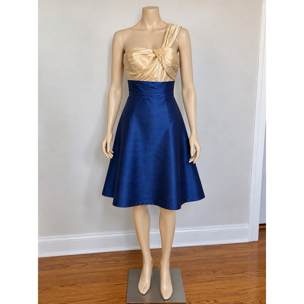 Betsy & Adam Womens Size 6 Navy Gold One Shoulder Cocktail Dress